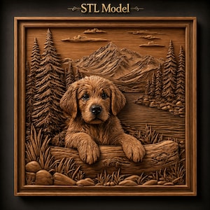 May include: A square wooden wall plaque featuring a relief carving of a puppy resting its paws on a log. The scene includes pine trees, a mountain range, and a lake. The text STL Model is centered at the top of the framed wooden artwork.