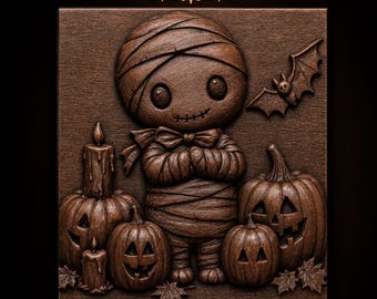 蝶ネクタイをつけたかわいいハロウィンのミイラが、ジャック・オー・ランタン、カボチャ、ろうそく、コウモリ、カエデの葉に囲まれている CNC ルーター用 STL 3D レリーフ木製壁アート