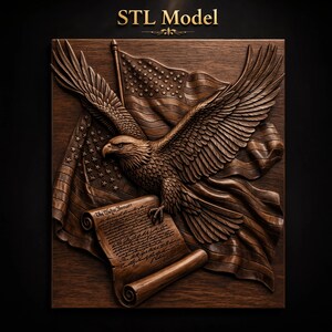 May include: A dark wood wall plaque featuring a relief carving of a bald eagle with wings spread wide, positioned in front of a waving American flag. Below the eagle is a scroll with text that reads The We The People, all on a dark background.