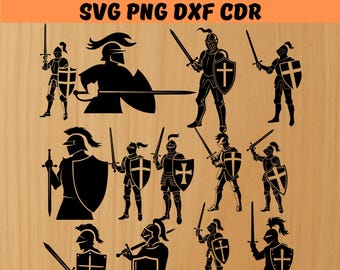 Paquete de archivos SVG de caballero, archivos vectoriales PNG, DXF y CDR para corte y grabado láser, silueta de caballero templario medieval arrodillado (SVG).