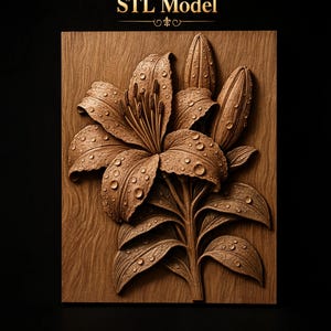 Peut inclure: Un panneau rectangulaire en bois présentant une sculpture en relief d'une fleur de lys avec deux boutons et des feuilles. La surface affiche une texture de grain de bois et des gouttelettes d'eau sculptées sur les pétales. Le texte STL Model est en haut.