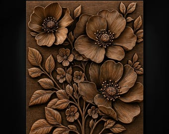 花、蕾、葉、花びらが精緻に描かれた3つの大きな野生のバラの植物パネルSTL（CNCルーター用）｜3Dレリーフ木製壁アート