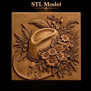 May include: A square wooden relief carving featuring a cowboy hat adorned with a bouquet of daisies, roses, and wheat stalks. The text STL Model is centred at the top. The design is rendered in a monochromatic brown wood grain texture.