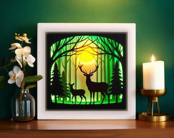Caja de sombras SVG con ciervos al atardecer en el bosque, plantilla de caja de luz 3D para cortar en papel, archivo de corte Cricut con ciervos, luna y bosque, descarga de recortes de papel de naturaleza