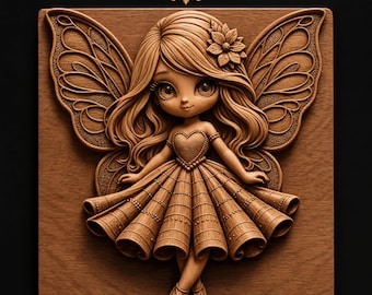 Cute Fairy Girl Big Eyes Flower Hair Layered Bell Dress Detailed Butterfly Wings STL for CNC Router | 3D Relief Wood Panel Wall Art