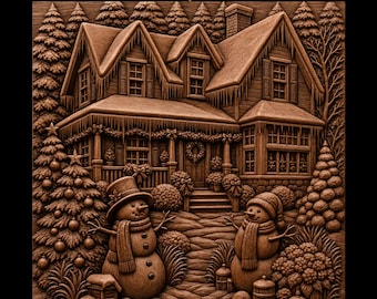 Festive Christmas Cottage Snowy Roof Icicles Two Snowmen Decorated Trees Wreath STL for CNC Router | 3D Relief Wood Panel Wall Art