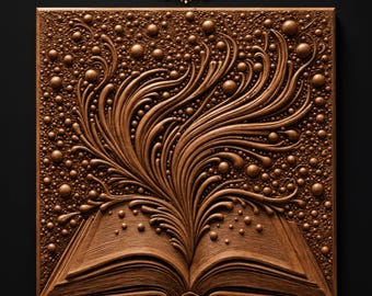 Open Book Flowing Swirling Pages Rising Bubbles Dots Magical Flourish STL for CNC Router | 3D Relief Wood Panel Wall Art
