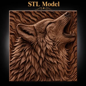 May include: A square brown relief carving featuring a detailed wolf head howling with its mouth open, showcasing textured fur patterns and wavy background lines. The text "STL Model" is printed in gold at the top center of the image.