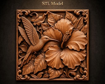Hummingbird with Hibiscus Flower STL File for CNC Router | Tropical 3D Relief Wood Carving Wall Panel
