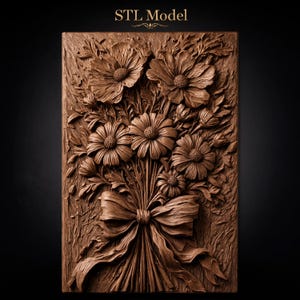 Cosmos Daisy Flower Bouquet with Large Ribbon Bow Buds Scattered Petals Leaves STL for CNC Router | 3D Relief Wood Panel