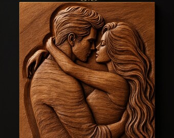 Romantic Couple Embracing Foreheads Touching Flowing Long Hair Tender Pose STL for CNC Router | 3D Relief Wood Panel Wall Art