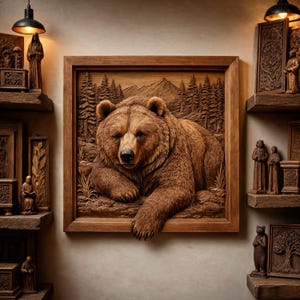 May include: A square wooden wall art piece featuring a detailed relief carving of a brown bear resting in a forest with mountains in the background. The bear's front paw extends over the bottom edge of the wooden frame, creating a 3D effect.