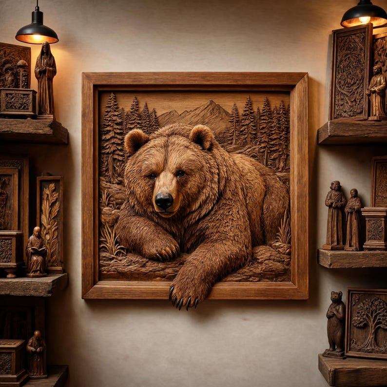 May include: A square wooden wall art piece featuring a detailed relief carving of a brown bear resting in a forest with mountains in the background. The bear's front paw extends over the bottom edge of the wooden frame, creating a 3D effect.