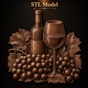 May include: A brown wood-toned relief carving featuring a wine bottle, a stemmed wine glass, and clusters of grapes with vine leaves. The text STL Model is centered at the top. The design has a dark brown finish with visible wood grain textures.