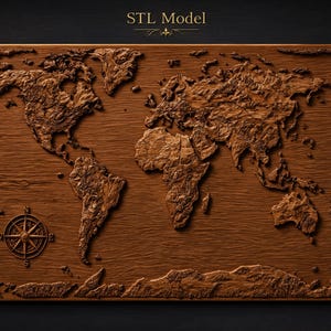 World Map with Topographic Continents Compass Rose Wave Ocean STL File for CNC Router | 3D Relief Wood Carving Wall Panel