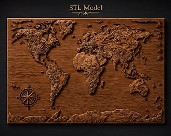 World Map with Topographic Continents Compass Rose Wave Ocean STL File for CNC Router | 3D Relief Wood Carving Wall Panel