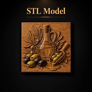 May include: A square wooden relief carving labelled STL Model featuring a central olive oil carafe surrounded by olive branches and scattered olives. A wooden scoop filled with olives rests in the foreground, with a small pool of oil depicted below.