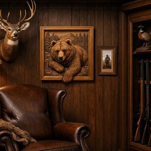 May include: A brown leather armchair with a fur throw, a deer head mount, a square wood carving of a bear, a small framed picture of a person, a floor lamp with a tan shade, and a wooden gun cabinet containing several long rifles.