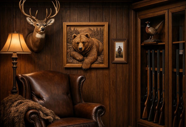 May include: A brown leather armchair with a fur throw, a deer head mount, a square wood carving of a bear, a small framed picture of a person, a floor lamp with a tan shade, and a wooden gun cabinet containing several long rifles.
