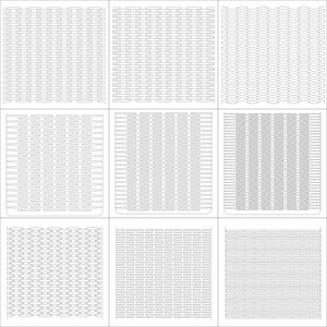 Puede incluir: Nueve dise&ntilde;os cuadrados blancos con patrones. Cada cuadrado presenta un patr&oacute;n &uacute;nico y repetitivo de l&iacute;neas y formas. Los patrones incluyen l&iacute;neas onduladas, formas de diamante y bloques rectangulares.
