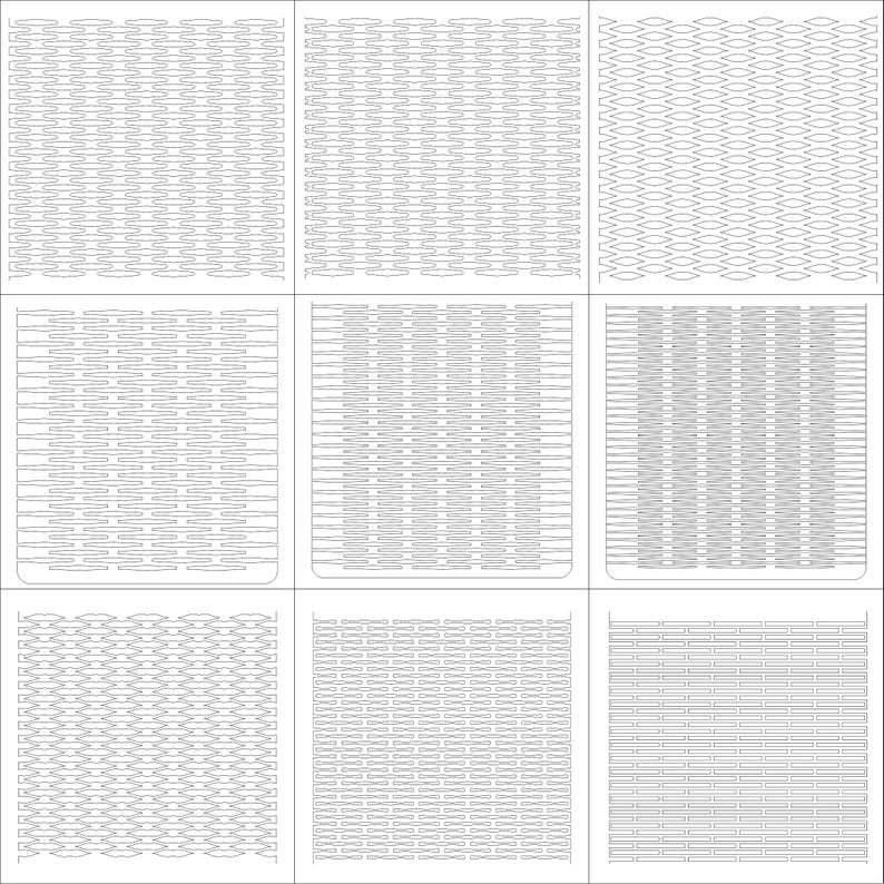 Puede incluir: Nueve dise&ntilde;os cuadrados blancos con patrones. Cada cuadrado presenta un patr&oacute;n &uacute;nico y repetitivo de l&iacute;neas y formas. Los patrones incluyen l&iacute;neas onduladas, formas de diamante y bloques rectangulares.