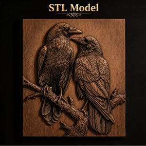 May include: A square wooden plaque featuring a relief carving of two ravens perched on a textured branch. The design displays intricate feather details and wood grain patterns. The text "STL Model" is printed in gold at the top of the image.