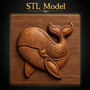 Puede incluir: Una placa de madera cuadrada con una talla en relieve de una ballena con textura de veta de madera visible. La ballena tiene un cuerpo redondeado, una cola curva y detalles lineales en la parte inferior. El texto STL Model aparece arriba.