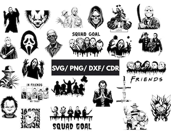 Paquete SVG de personajes de Halloween espeluznantes, diseños de camisetas de terror, archivos: SVG, DXF, PNG, CDR (descarga digital)