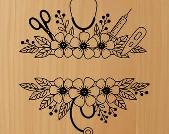 Estetoscopio floral de enfermera SVG, herramientas médicas cortadas con láser, letrero de atención médica Glowforge, regalo de enfermería Lightburn DXF, grabado de hospital en madera