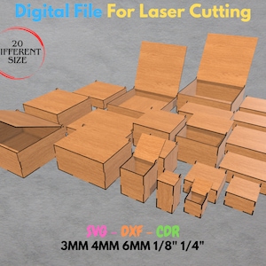 Laser Cut Box With Flip Up Lid - Storage Box - 20 Different Size - 5 Different Material Thickness- Laser Cutting Files Glowforge SVG DXF Box