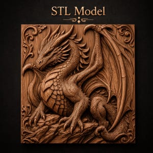 Majestic Dragon Perched on Rocky Cliff Spread Wings Detailed Scales Ornate Scrollwork Corners STL for CNC Router | 3D Relief Wood Panel