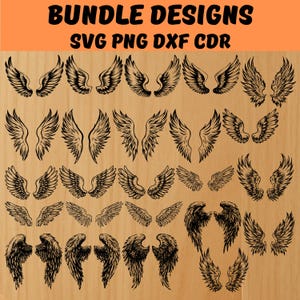 May include: A collection of black wing designs in various styles, arranged on a light brown background. The image includes the text "BUNDLE DESIGNS" and file type indicators: SVG, PNG, DXF, and CDR.