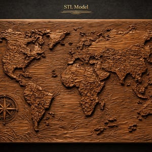 Puede incluir: Una placa de pared rectangular de madera con un mapa del mundo tallado en relieve con continentes y océanos texturizados. El texto "STL Model" está centrado en la parte superior. Una rosa de los vientos detallada está en la esquina inferior.