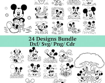 Mickey y Minnie en barco de vapor SVG DXF, 24 diseños de ratones retro, safari y héroe vintage, silueta PNG