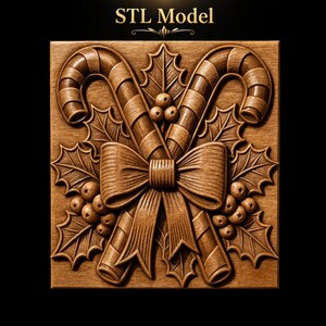 May include: A square wooden relief carving featuring the text STL Model at the top. The design displays two crossed candy canes tied with a central bow, surrounded by holly leaves and clusters of berries, all rendered in a natural wood grain finish.