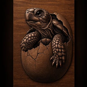 May include: A rectangular wooden plaque featuring a relief carving of a turtle hatching from a cracked egg. The text STL Model is centered at the top in a gold font. The design displays detailed textures on the turtle skin and shell.