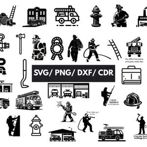 Puede incluir: Una colección de gráficos vectoriales en blanco y negro con temática de bomberos. Incluye camiones de bomberos, hidrantes, siluetas de bomberos y equipos relacionados. El texto incluye "SVG/PNG/DXF/CDR" y varias citas sobre bomberos.