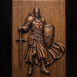 May include: A wooden wall plaque featuring a relief carving of a knight in full armor holding a sword and a shield. The knight wears a tunic with a red cross emblem. The text STL Model is printed in gold at the top of the rectangular wooden panel.