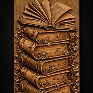 May include: A rectangular wooden relief carving labeled STL Model featuring a stack of four closed books topped with an open book. The design is decorated with carved floral vines and small star motifs on the book covers, all rendered in a natural wood grain texture.