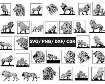 Paquete de 31 imágenes SVG de león: imágenes prediseñadas de familia de leones, archivos DXF, PNG, CDR y cortados con láser (descarga digital)