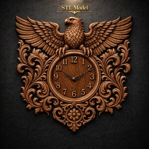 May include: A brown wooden wall clock featuring a carved eagle with spread wings perched atop a circular clock face. The clock has black hands and numerals from 1 to 12. Intricate scrollwork surrounds the clock face. Text reads STL Model.