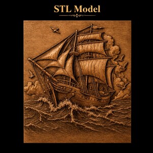 Op de afbeelding: Een bruin, vierkant STL-model in reliëf met een gedetailleerd zeilschip dat door turbulente, getextureerde oceaangolven vaart. De scène bevat volumineuze wolken en verschillende vogels die in de lucht boven het schip vliegen.