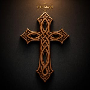 May include: A wooden cross featuring an intricate, interwoven Celtic knot pattern with carved floral details at the tips. The design is rendered in a warm brown wood grain texture. Above the cross, the text STL Model is displayed in gold.