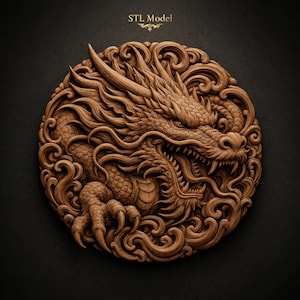 May include: A circular wooden relief carving featuring a detailed dragon with scales, horns, and sharp claws surrounded by swirling cloud patterns. The text STL Model is printed in gold at the top center of this brown, textured circular design.