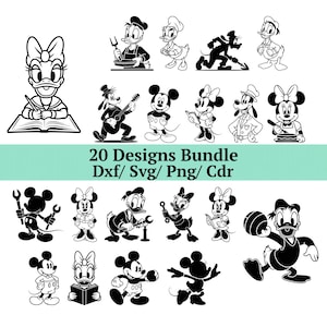 May include: Black and white illustrations of various cartoon characters, including Mickey Mouse, Minnie Mouse, Donald Duck, and Daisy Duck. The image includes the text "20 Designs Bundle Dxf/ Svg/ Png/ Cdr".