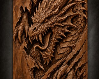 Roaring Dragon Bursting Through Wood with Claws Fangs STL File for CNC Router | Fantasy 3D Relief Wood Carving Wall Panel