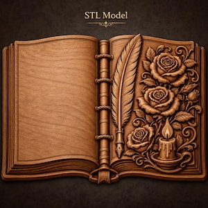 May include: An open book carved from wood with the text STL Model at the top. The right page features a relief carving of a quill pen, three blooming roses with leaves, and a lit candle in a holder. The left page is blank with a wood grain texture.