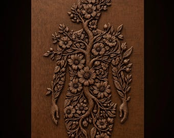 花、つる、葉、枝で作られた花柄の人型シルエット、植物のボディSTLファイル（CNCルーター用）｜3Dレリーフ木製ウォールアート