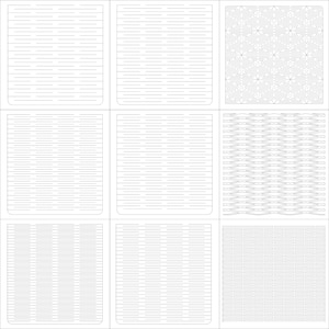 Puede incluir: Nueve dise&ntilde;os rectangulares blancos con esquinas redondeadas, cada uno con un patr&oacute;n diferente. Los patrones incluyen l&iacute;neas horizontales, una cuadr&iacute;cula triangular, un dise&ntilde;o en zigzag y una disposici&oacute;n similar a ladrillos. Los dise&ntilde;os son todos de estilo minimalista.
