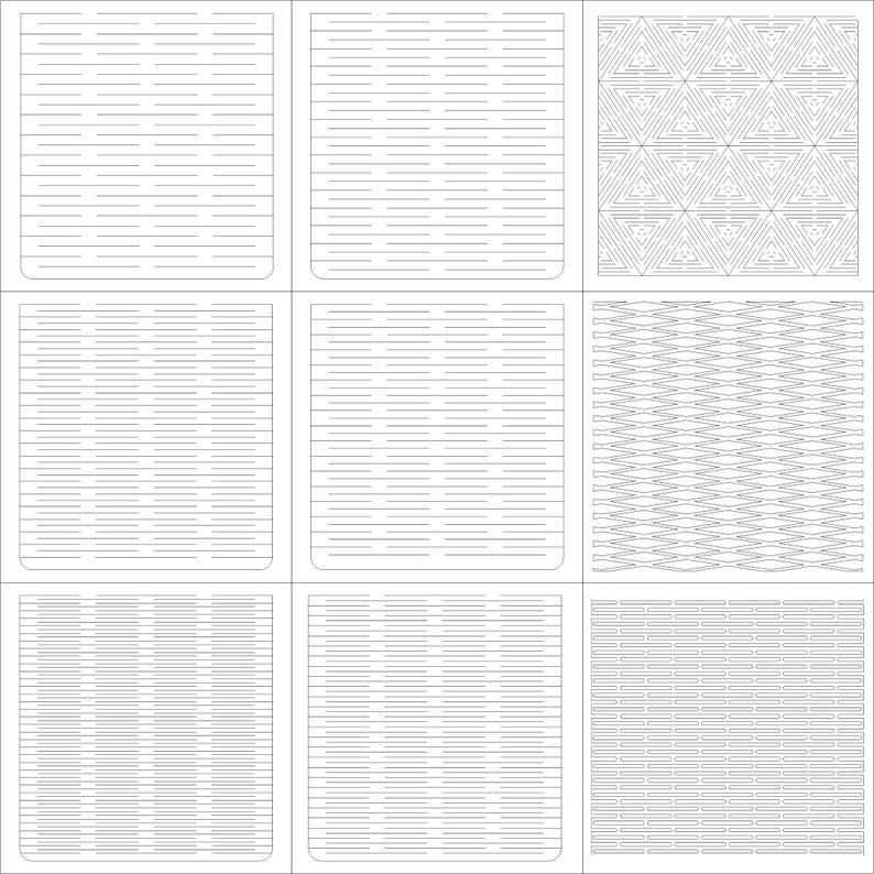 Puede incluir: Nueve dise&ntilde;os rectangulares blancos con esquinas redondeadas, cada uno con un patr&oacute;n diferente. Los patrones incluyen l&iacute;neas horizontales, una cuadr&iacute;cula triangular, un dise&ntilde;o en zigzag y una disposici&oacute;n similar a ladrillos. Los dise&ntilde;os son todos de estilo minimalista.